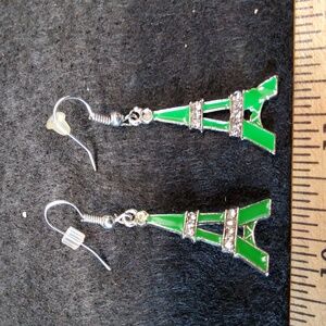 Silver-tone Eiffel Tower Green Enamel & Rhinestones Dangle Earrings